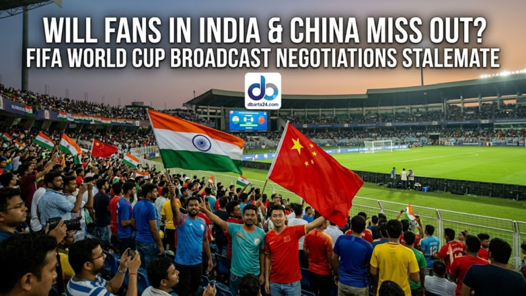 A digital illustration of a football stadium with the flags of India and China, symbolizing the broadcast rights negotiations for the World Cup