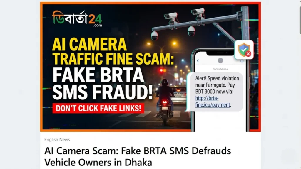 Screenshot of a fake BRTA phishing website showing a fraudulent traffic fine interface used for bank card data theft in Bangladesh.