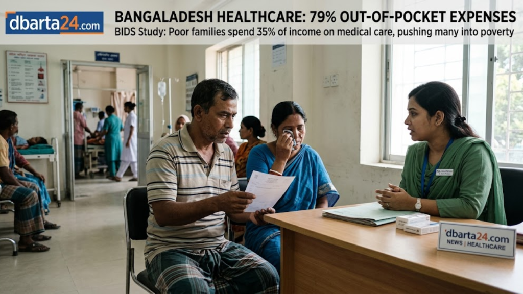 A graph showing rising out-of-pocket healthcare expenses in Bangladesh and a patient receiving treatment in a hospital.