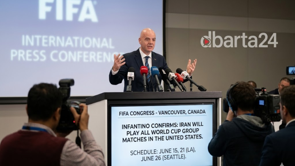 FIFA President Gianni Infantino speaking at a press conference regarding the World Cup schedule and Iran's participation in the USA.
