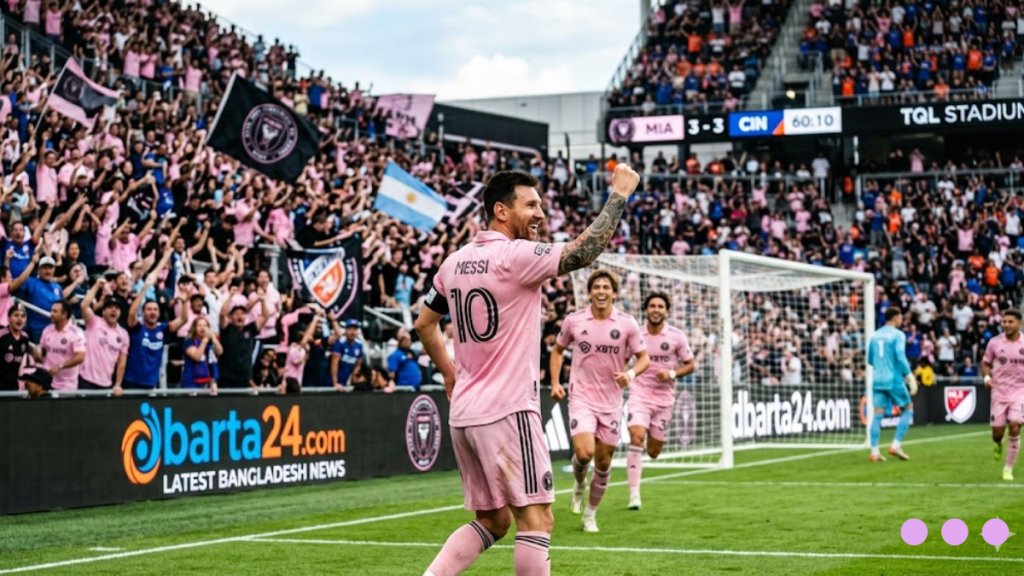 Lionel Messi celebrating after scoring a goal for Inter Miami against Cincinnati in an MLS match