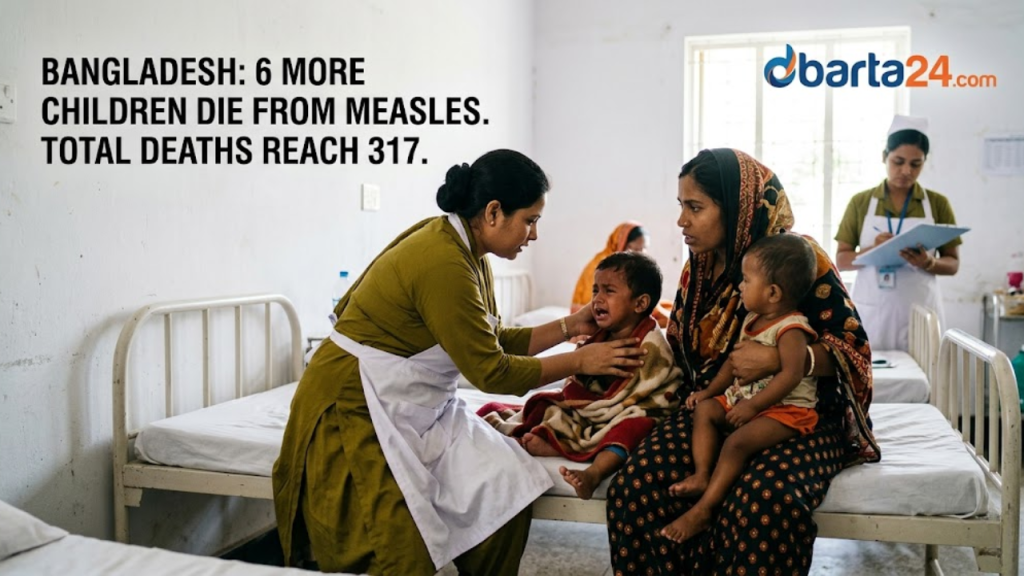 A medical professional checking a child for measles symptoms in a Bangladesh hospital, highlighting the ongoing health crisis.