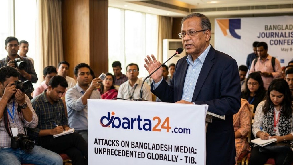 TIB Executive Director Dr. Iftekharuzzaman speaking at the Bangladesh Journalism Conference regarding press freedom and media safety
