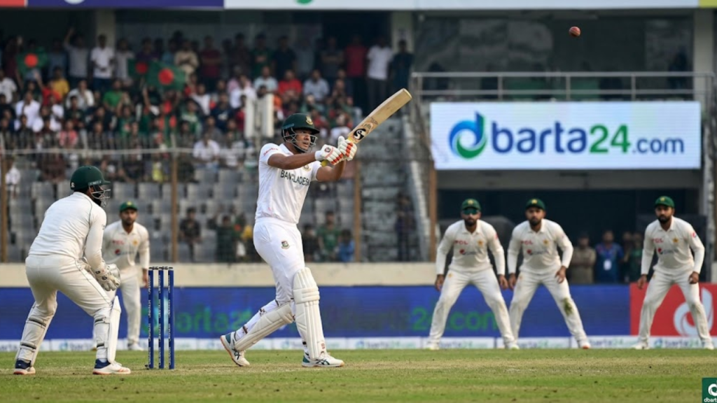Taskin Ahmed hitting a boundary during Bangladesh vs Pakistan Mirpur Test first innings.