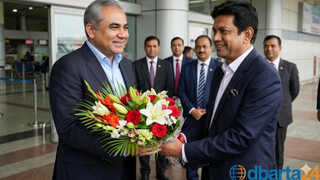 BCB CEO Nizamuddin Chowdhury welcoming PCB Chairman Mohsin Naqvi at the airport with a floral bouquet