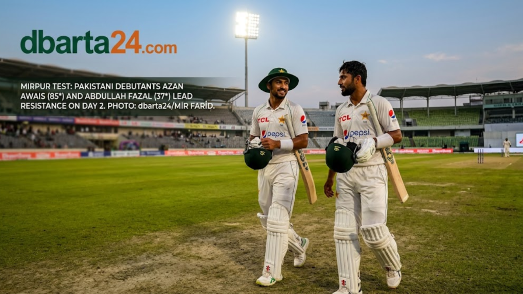 Pakistani debutants Azan Awais and Abdullah Fazal walking off the field after a successful Day 2 against Bangladesh at Sher-e-Bangla National Cricket Stadium, Mirpur.