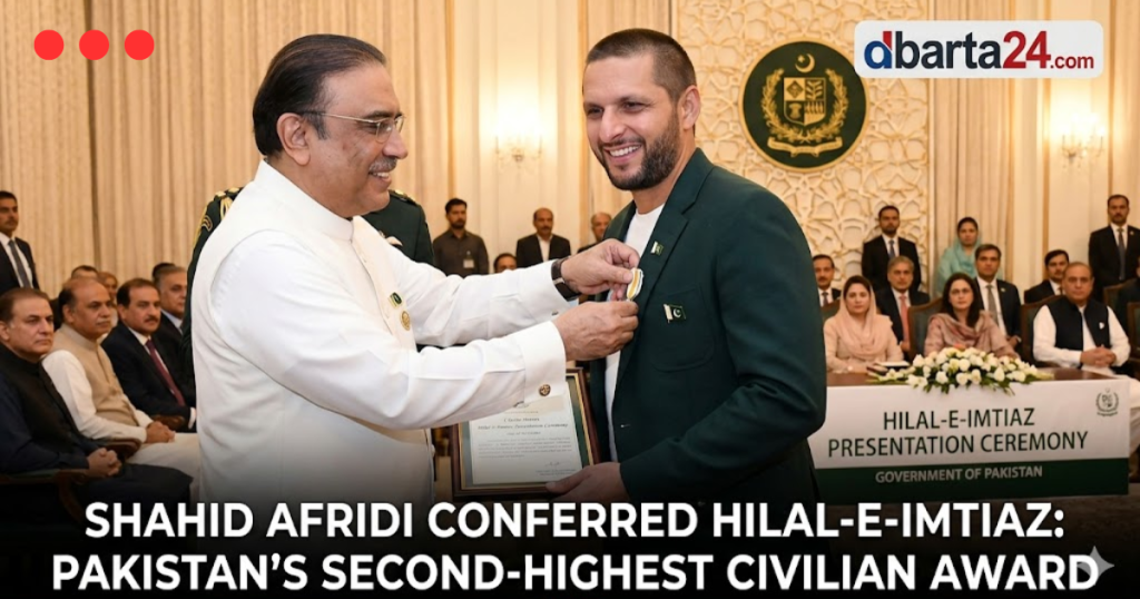 Pakistan President Asif Ali Zardari presenting the Hilal-e-Imtiaz medal to Shahid Afridi at Aiwan-e-Sadr.