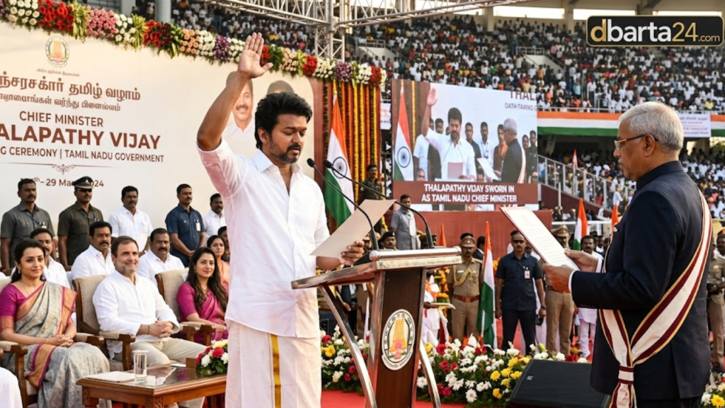 Thalapathy Vijay taking oath as the Chief Minister of Tamil Nadu at Jawaharlal Nehru Stadium, Chennai.