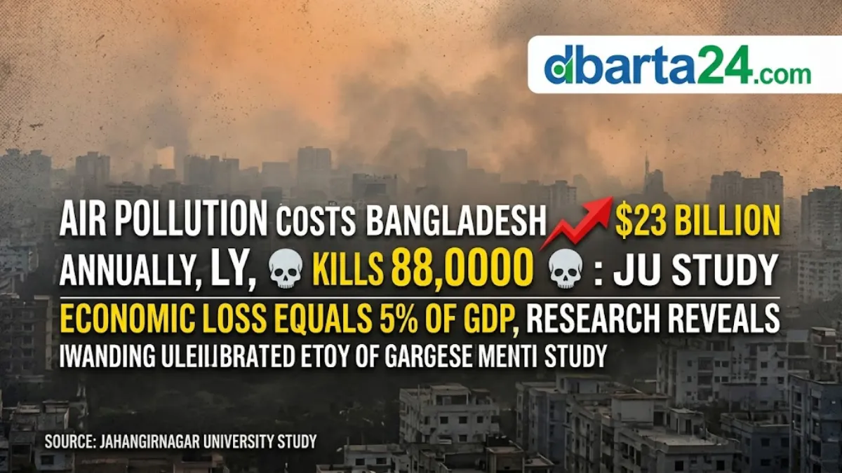 Jahangirnagar University researchers presenting air pollution study results at a press conference.