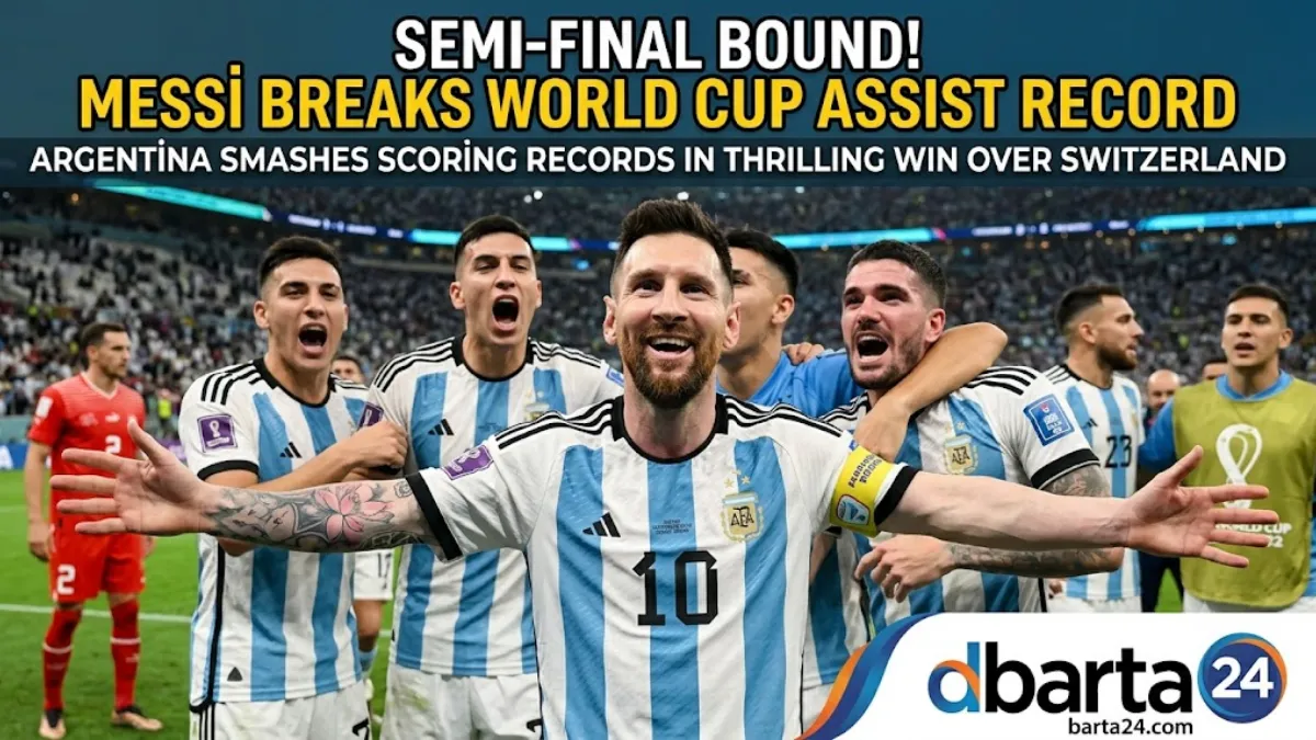 Lionel Messi celebrates with his teammates after Argentina secures a spot in the World Cup semifinals.