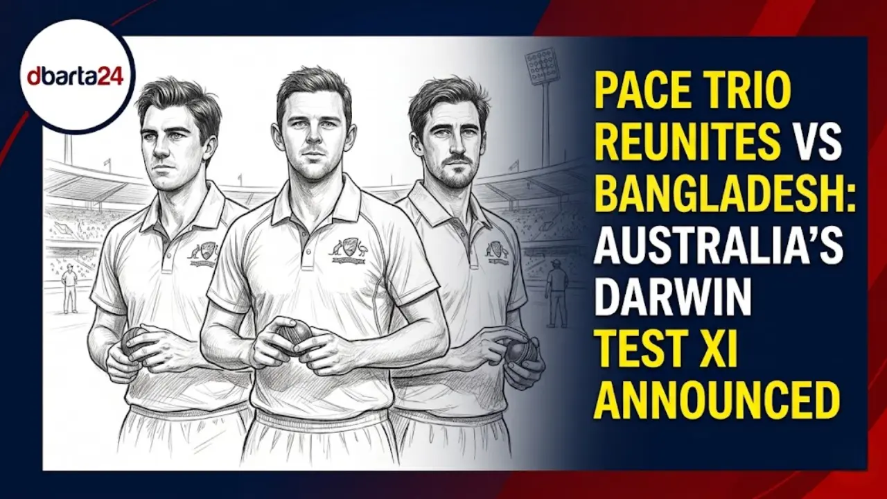 Australian fast bowlers Pat Cummins, Josh Hazlewood, and Mitchell Starc in action during a cricket match.