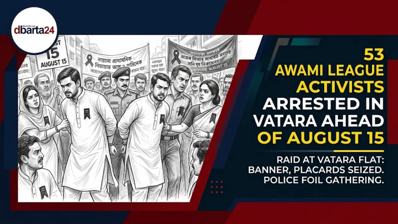 Police raid at a residential flat in Dhaka's Vatara area resulting in the arrest of 53 political activists.