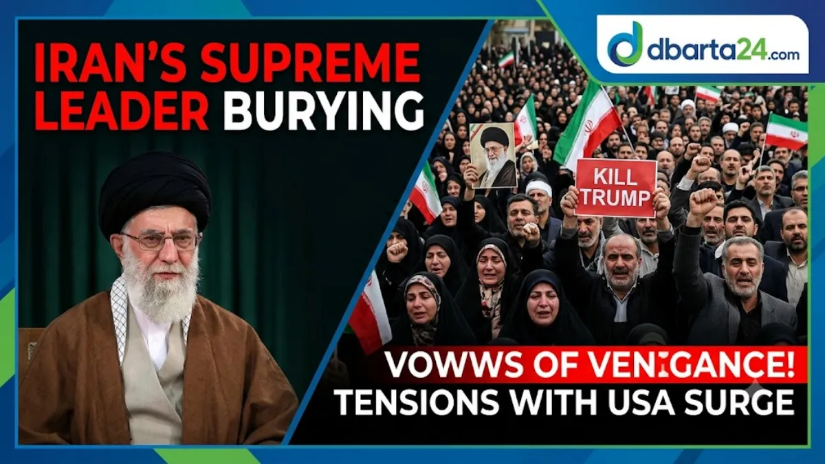 Millions of mourners gather in Mashhad holding flags and placards during the funeral procession of Iran's late Supreme Leader Ayatollah Ali Khamenei.