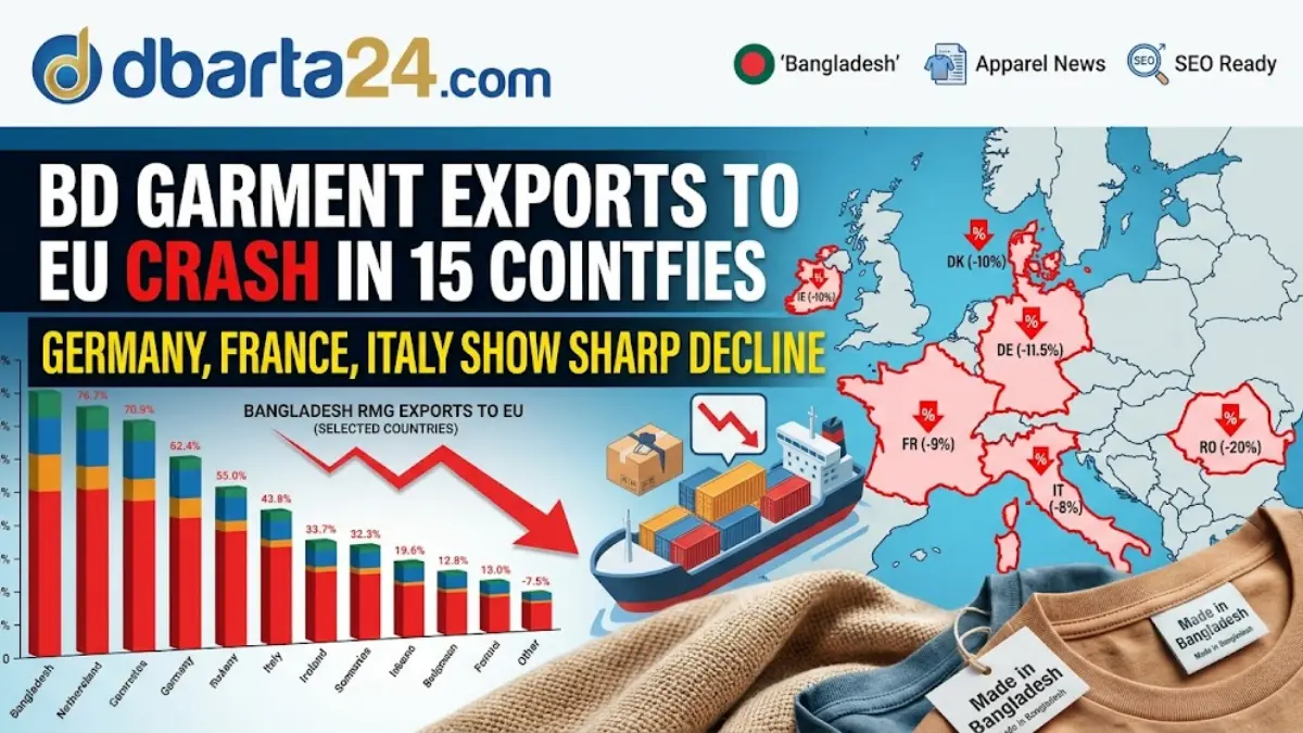 Labeled line graph showcasing the decline of Bangladesh RMG exports to the European Union across fiscal years.