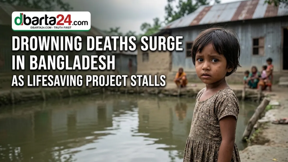 Rural Bangladeshi mother looking over a village pond near her home where drowning risks remain high for young children.