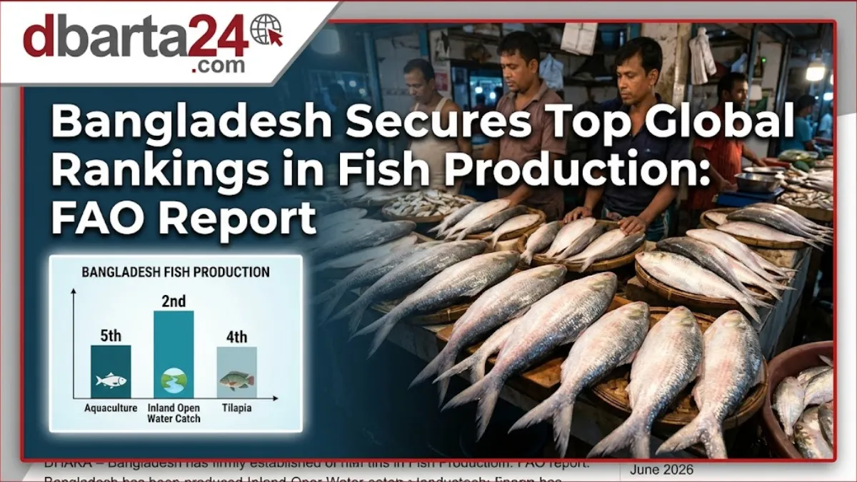A vibrant, high-quality photograph of a bustling fish market in Bangladesh, showing merchants displaying large, fresh silver Hilsha fish on traditional stalls.