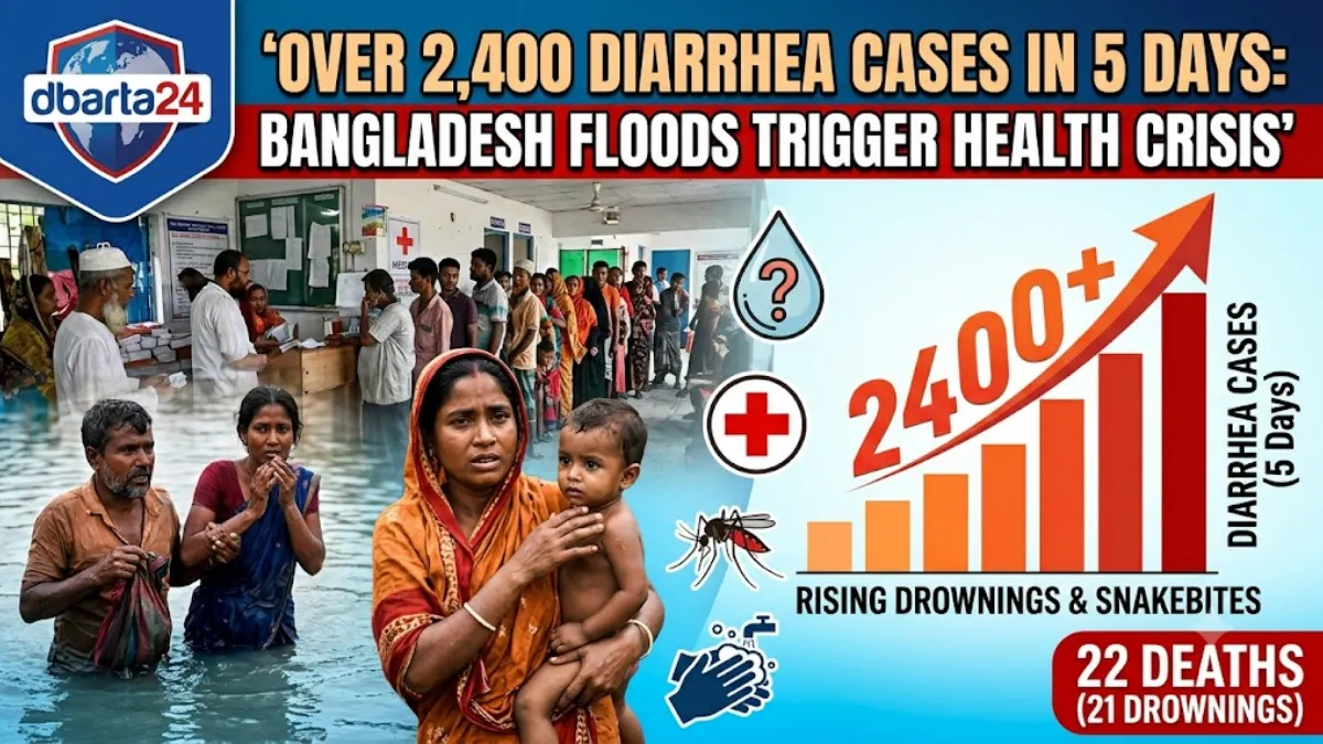 Government medical teams distributing oral rehydration salts and water purification tablets in a flood shelter in Bangladesh.