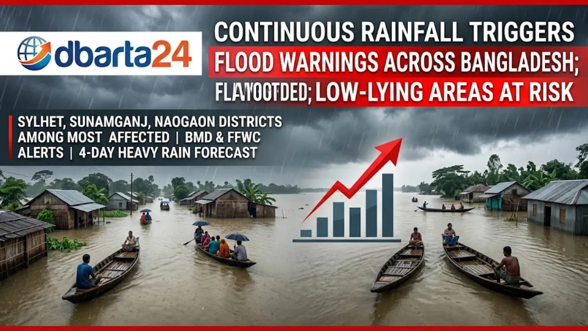 A swelling river in Bangladesh overflowing its banks during heavy monsoon rains, threatening nearby low-lying areas with floods.