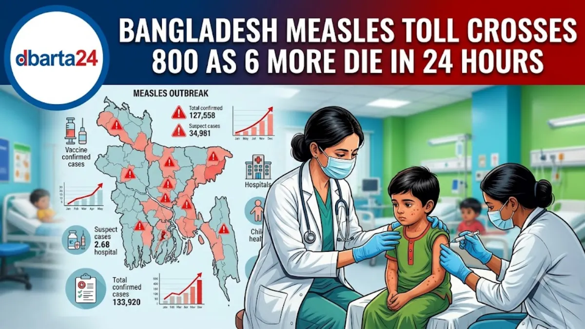 Medical healthcare workers treating pediatric patients during a measles outbreak in a hospital ward in Bangladesh