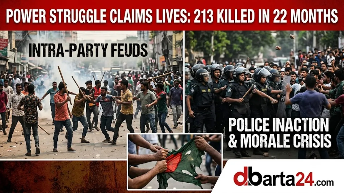 Graphical illustration depicting political clashes and law enforcement challenges in Bangladesh