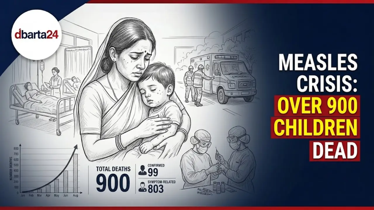 A worried mother holding a sick child at a hospital pediatric ward during the measles outbreak in Bangladesh.