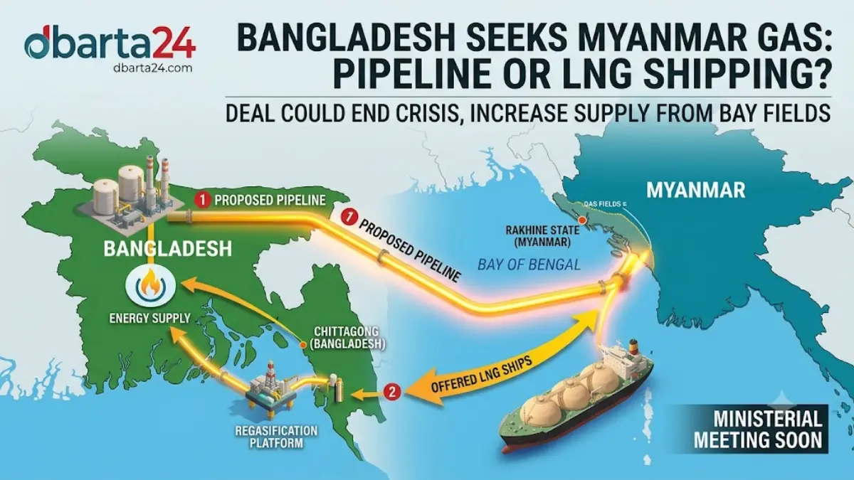 A map showing the geopolitical borders of Bangladesh and Myanmar, highlighting potential energy cooperation routes and pipeline corridors.