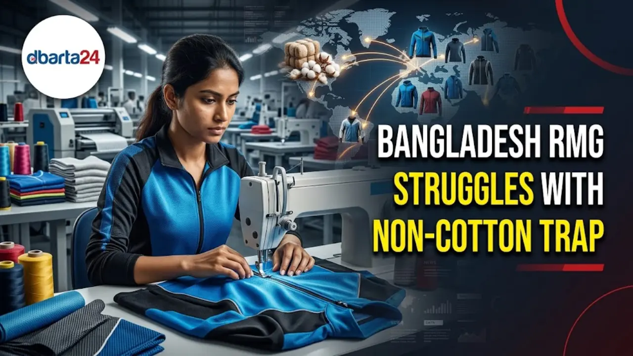 Infographic chart comparing global non-cotton apparel export share with Bangladesh cotton reliance from 2021 to 2025
