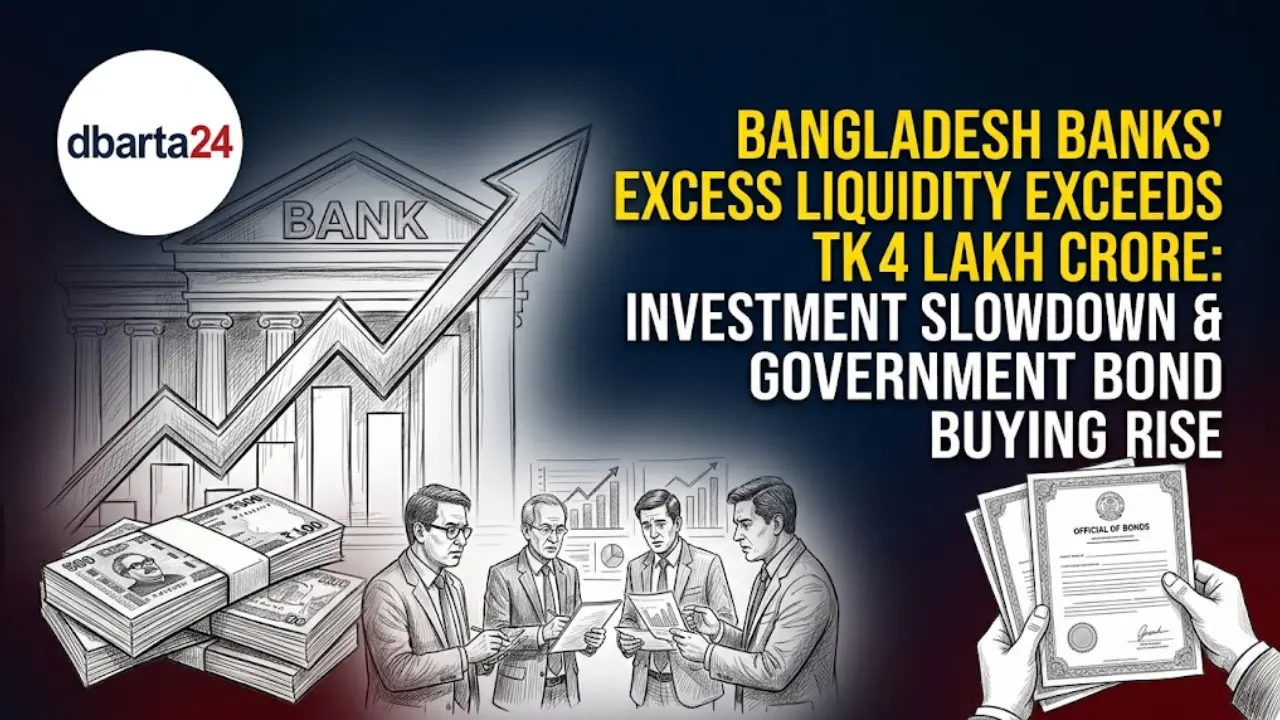 Stacks of Bangladeshi Taka notes illustrating record excess liquidity in the banking sector