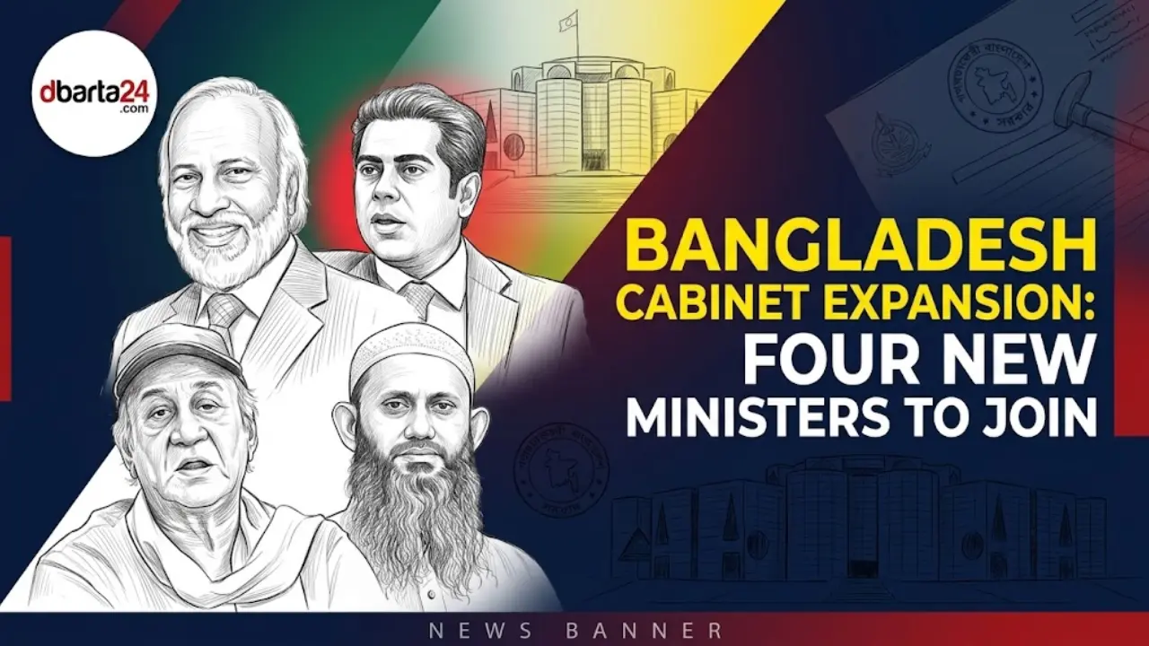 Collage showing potential new cabinet members Abdul Moyeen Khan, Andaleeve Rahman Partha, Saching Prue Jerry, and Shamim Kaiser Linkon