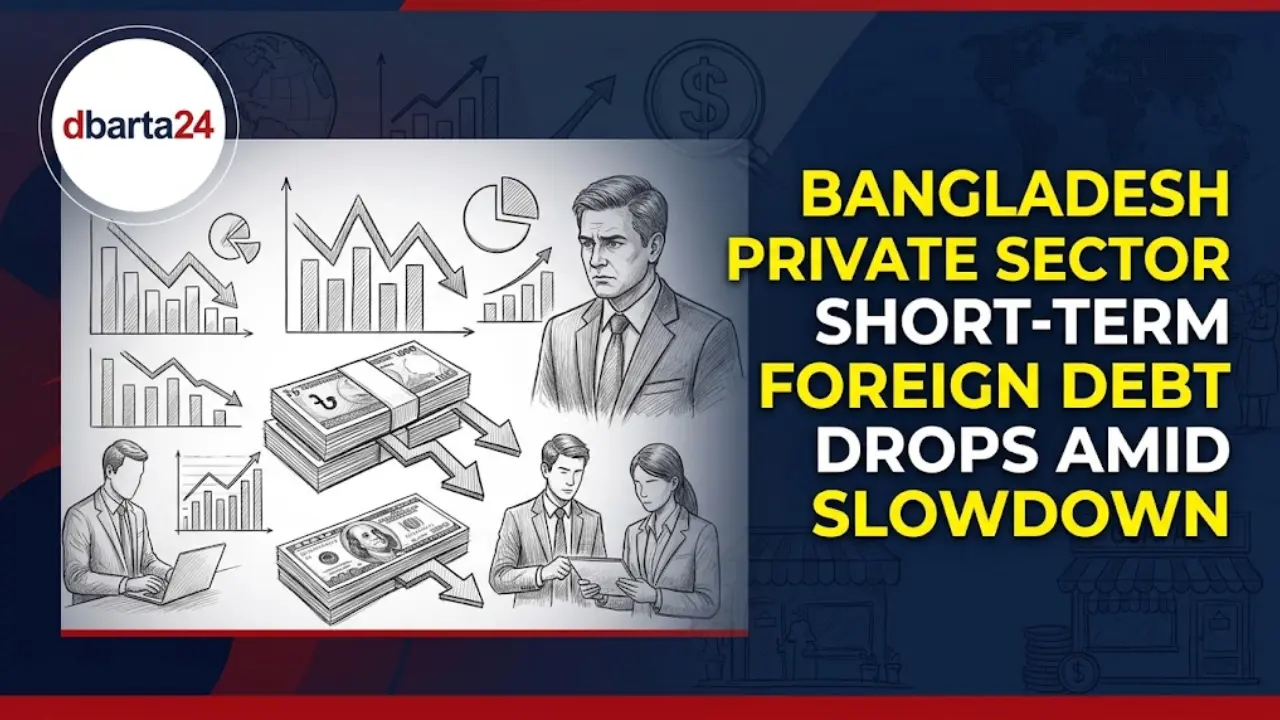 Bangladesh currency and economic charts representing the decline in private sector short-term foreign debt.
