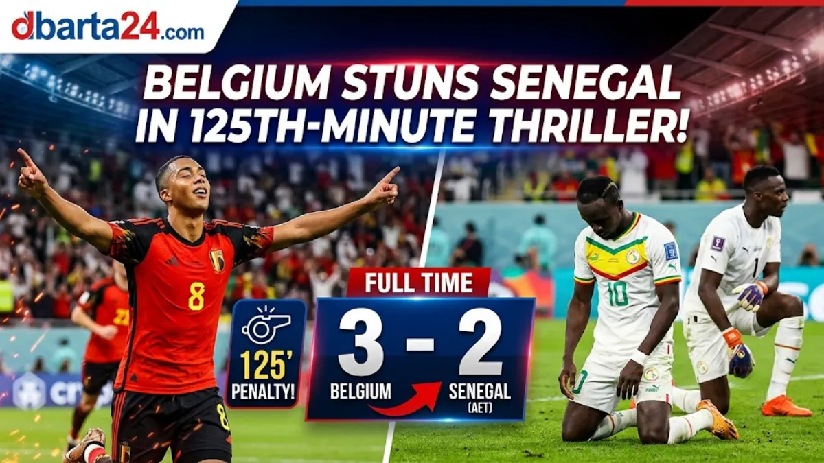 Belgium midfielder Youri Tielemans celebrating after scoring the dramatic 125th-minute winning penalty against Senegal to reach the World Cup Round of 16.