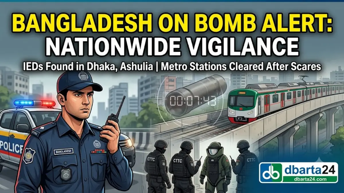 Police and CTTC bomb disposal team inspecting a suspicious package near a Dhaka metro rail station amid nationwide high alert.