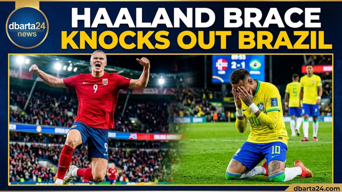Erling Haaland celebrates after scoring for Norway against Brazil in World Cup match