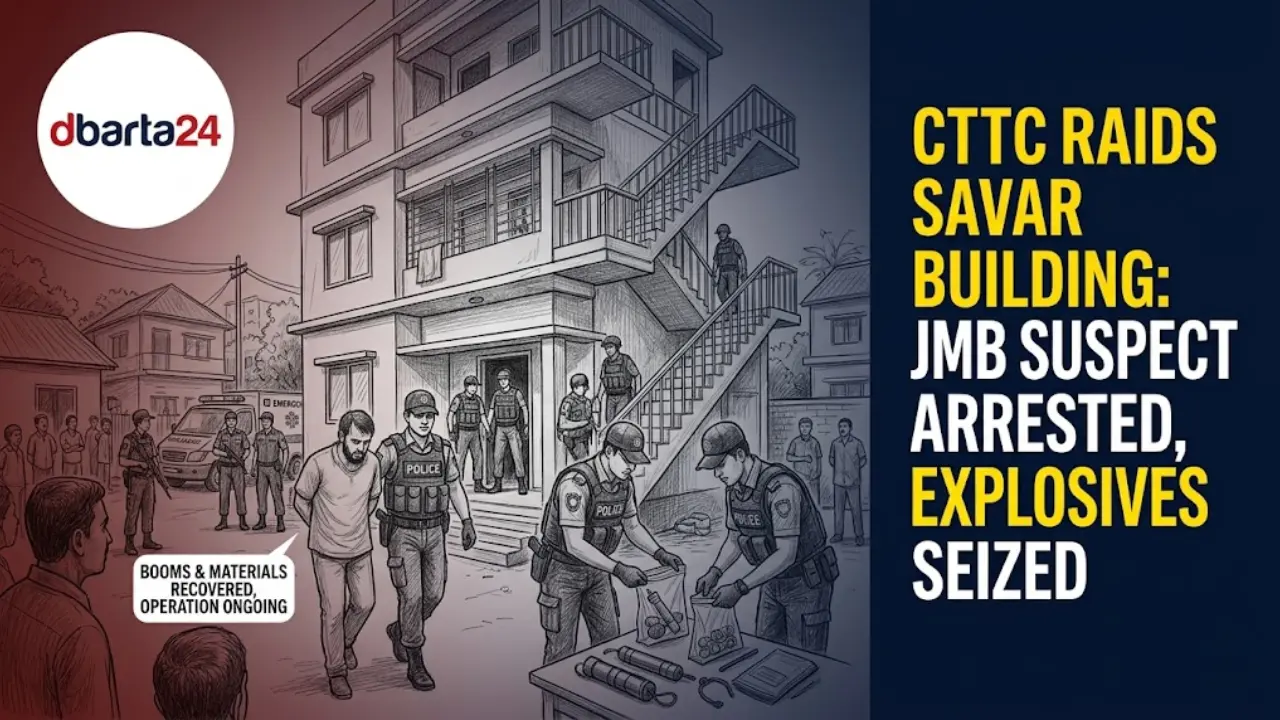 Law enforcement officers conduct a counter-terrorism raid at a multi-story residential building in Savar, Dhaka.