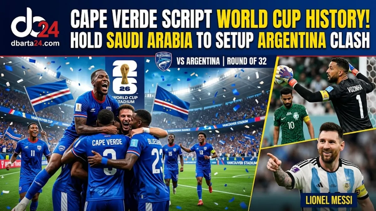 Cape Verde national football team players celebrating historic qualification to the 2026 World Cup Round of 32 after drawing against Saudi Arabia.