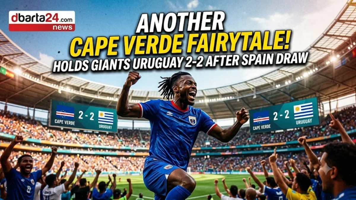 Cape Verde football team celebrating their historic 2-2 draw against Uruguay at the FIFA World Cup.