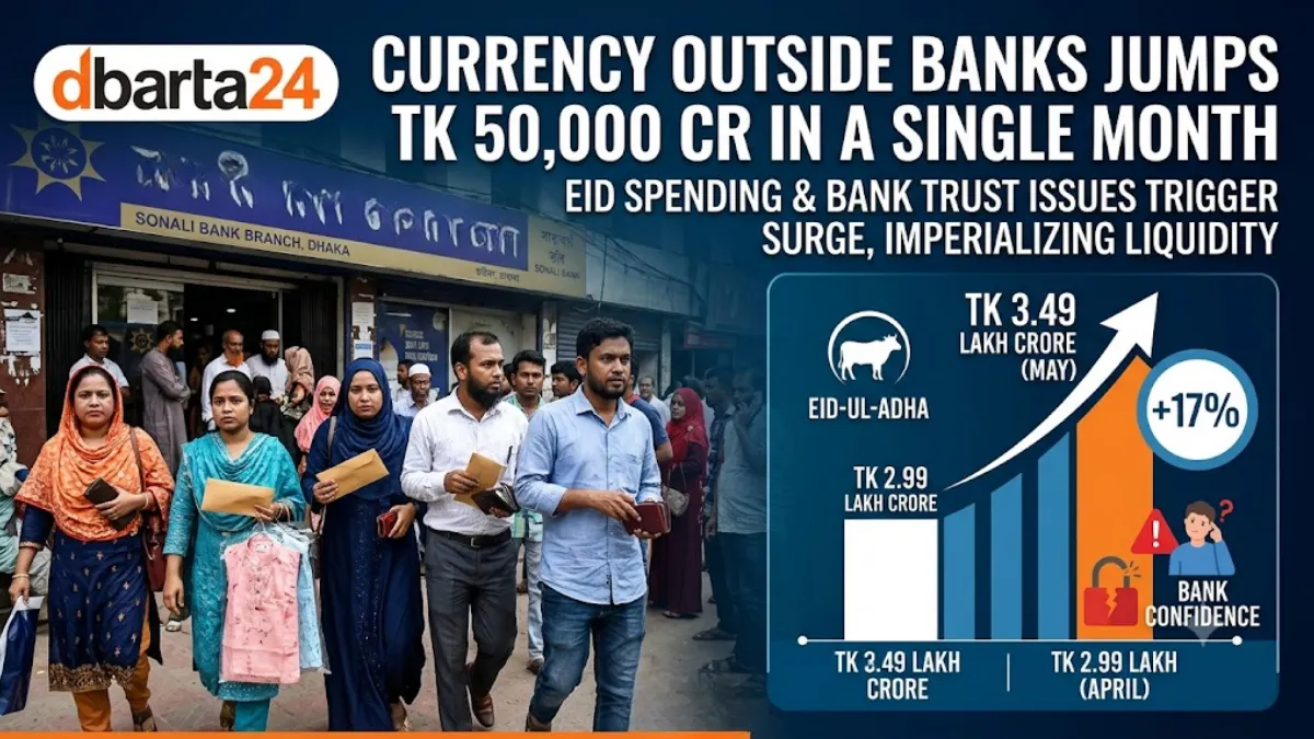Infographic detailing the Tk 50,000 crore surge in out-of-bank currency in Bangladesh with banking analysis charts.