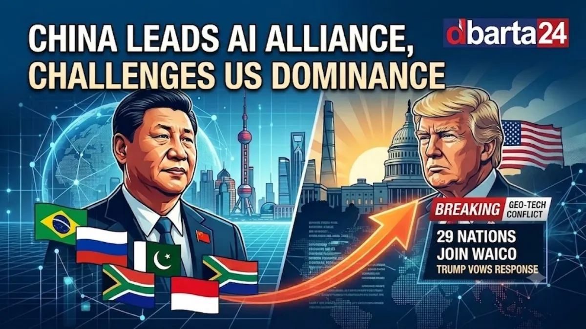High-tech AI visualization featuring world connectivity networks, a glowing brain, and the dbarta24 logo.