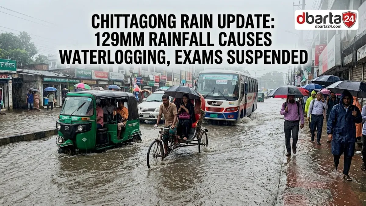 Vehicles wading through knee-deep water on a flooded street in Chittagong during a heavy monsoon downpour on Sunday.