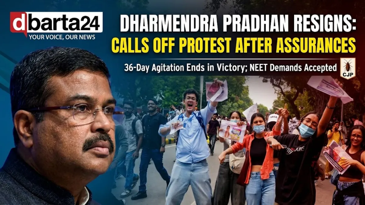 Indian Education Minister Dharmendra Pradhan resigns amid student protests organized by the Cockroach Janata Party at Jantar Mantar.