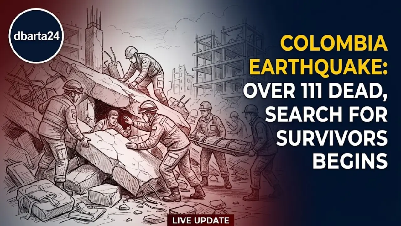 Rescue workers and emergency teams operating at a building collapse site in Colombia following a 7.4 magnitude earthquake.
