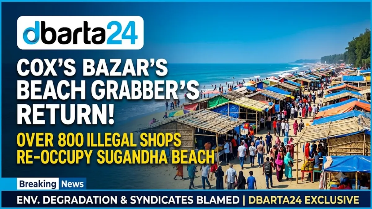 Hundreds of illegal makeshift shops crowding the sand dunes of Sugandha Beach in Cox's Bazar.