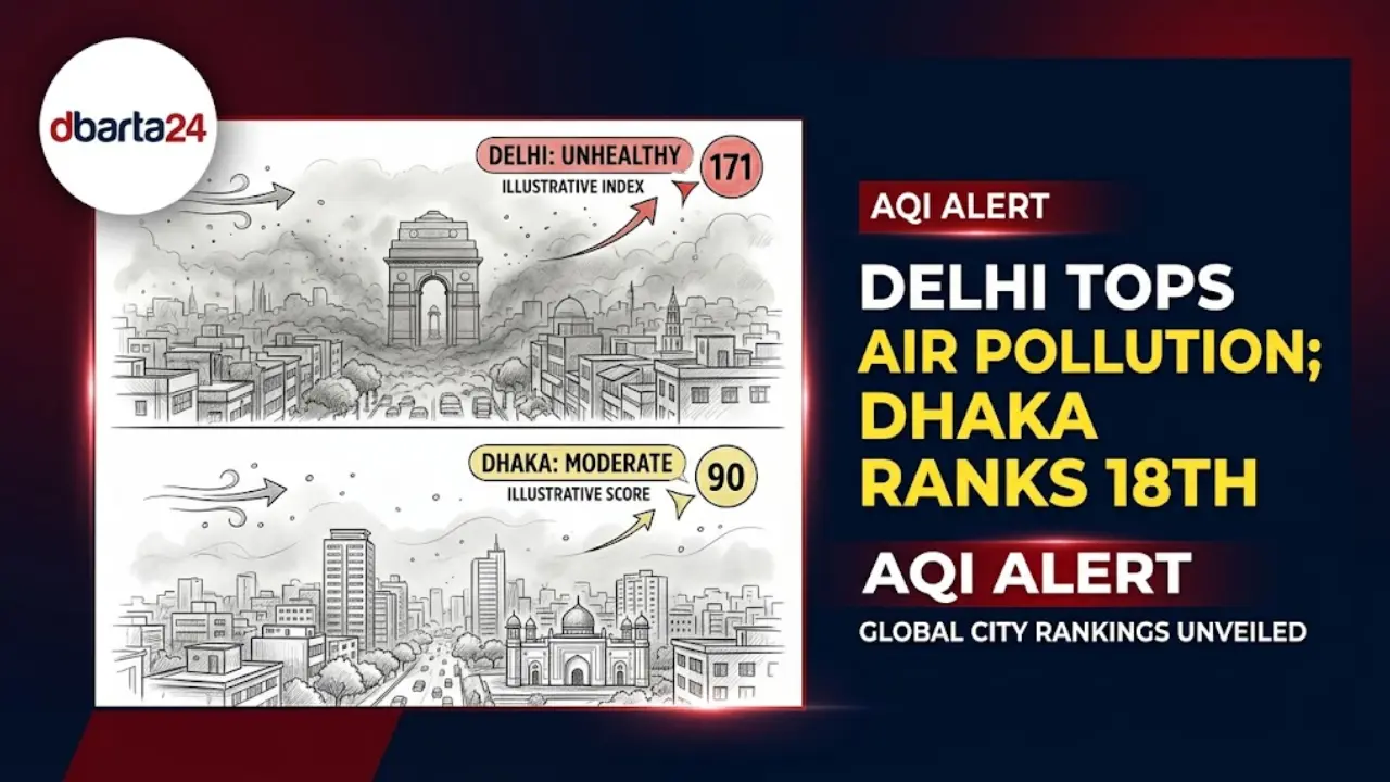 Skyline of a major city shrouded in haze with an Air Quality Index measurement overlay.