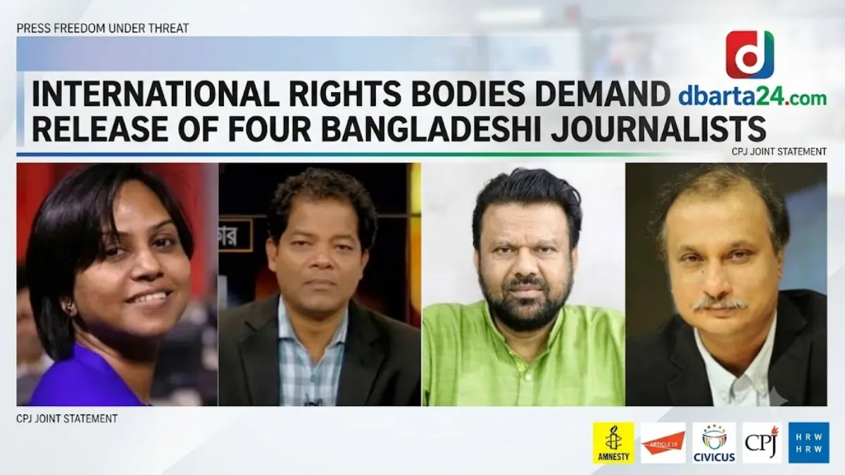 Representatives of international rights organizations issuing a joint statement advocating for press freedom and the release of detained Bangladeshi journalists.