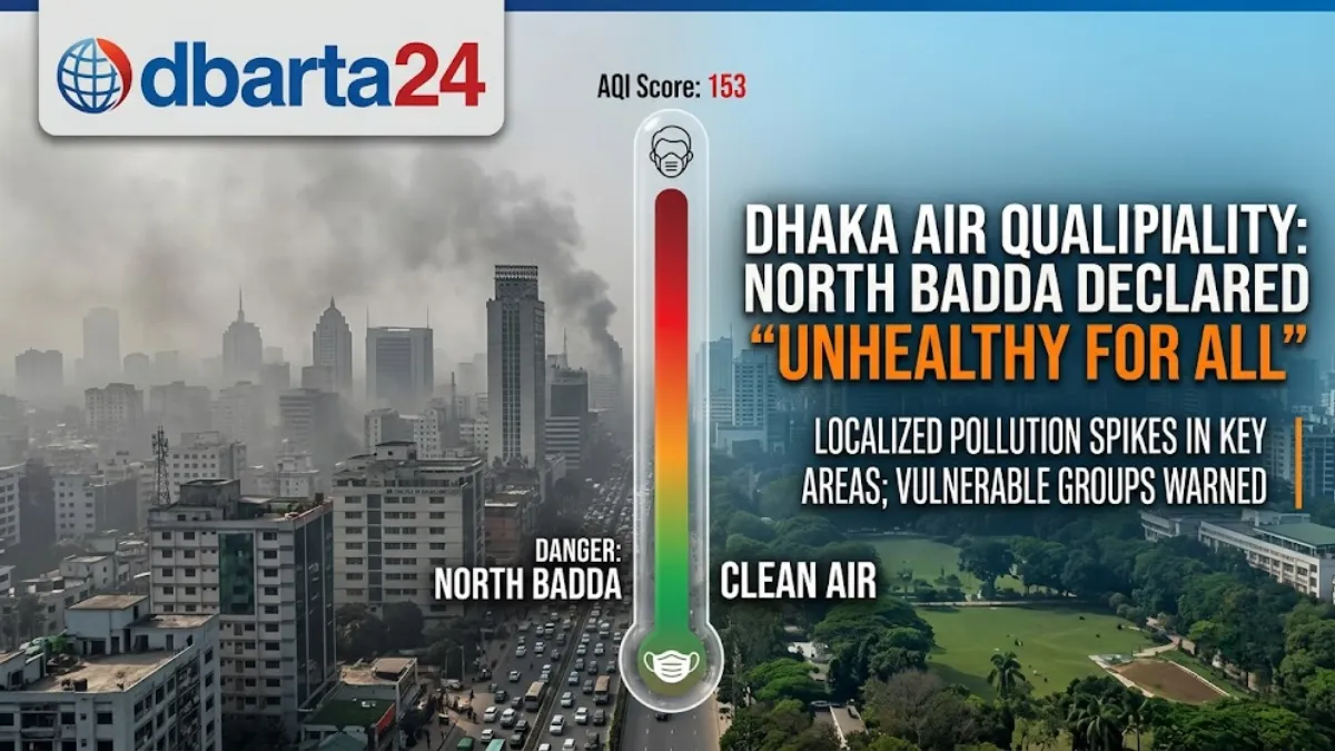 A hazy skyline of Dhaka city hidden behind dense layers of urban smog and air pollution.