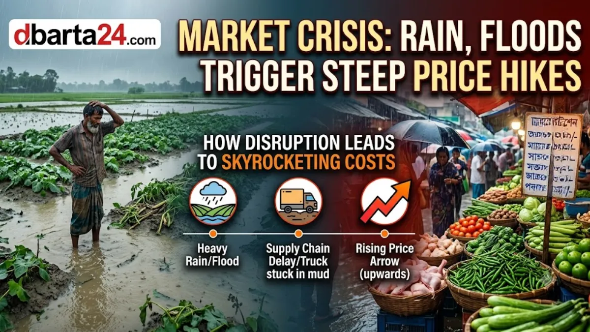 A bustling kitchen market in Dhaka, Bangladesh, showing rows of fresh vegetables under temporary tarps amidst rainy weather conditions.
