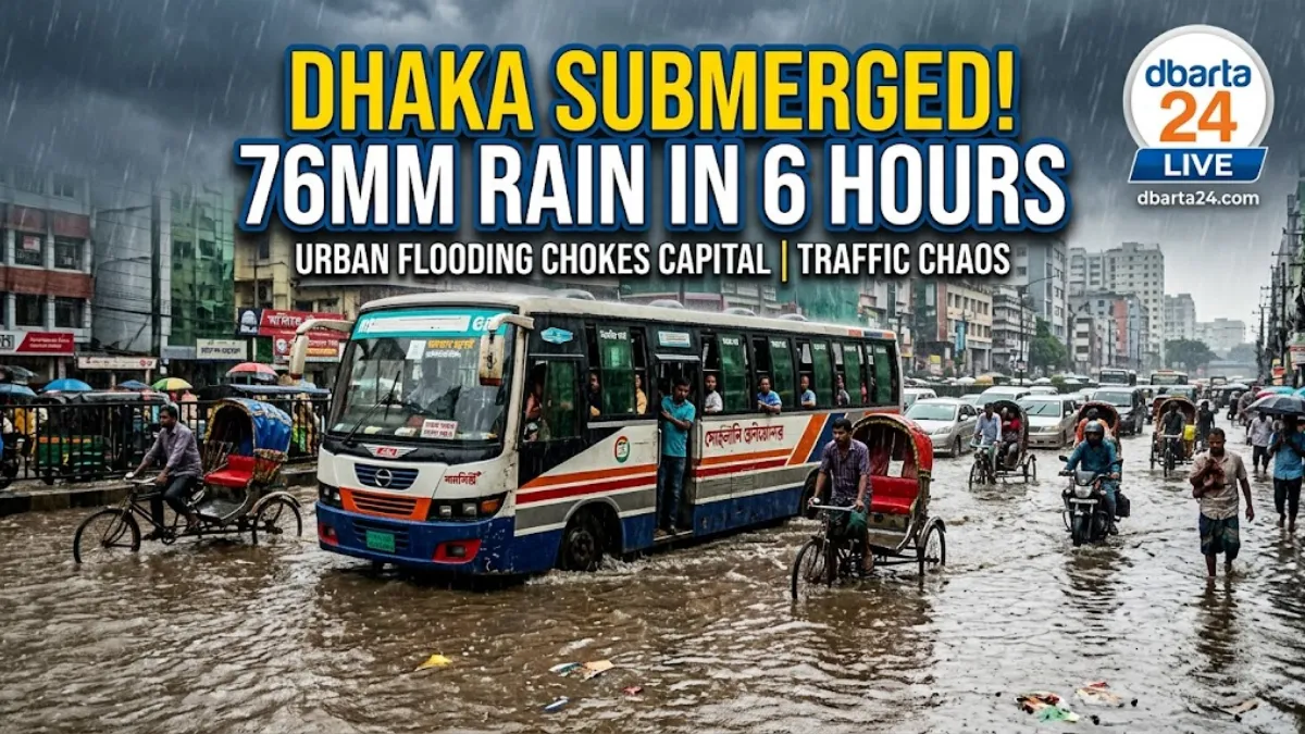 Vehicles wading through a heavily waterlogged street in Karwan Bazar, Dhaka during a torrential downpour on Sunday morning.