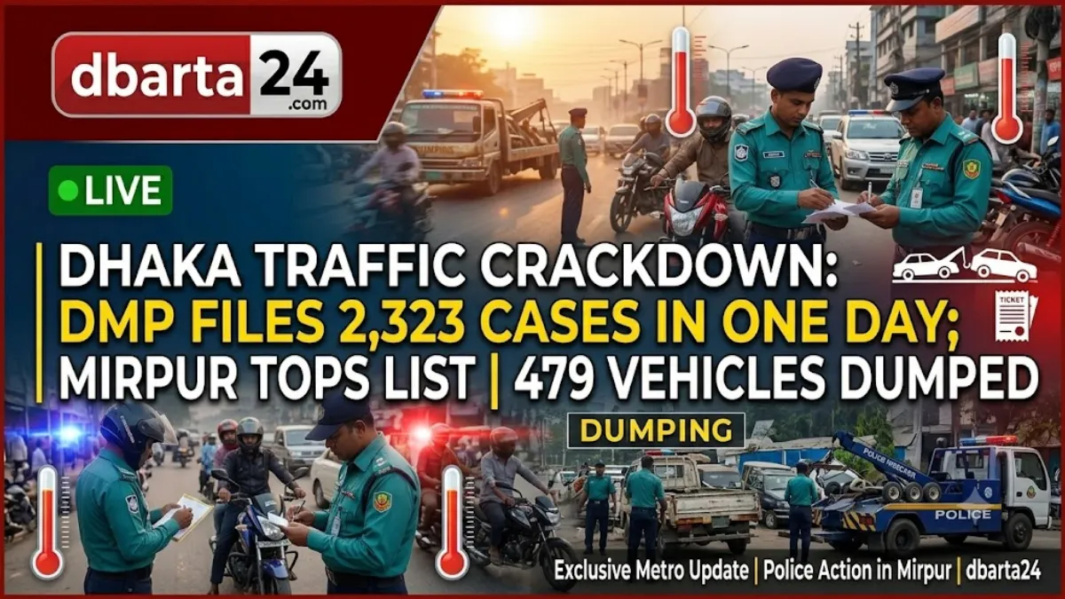 Traffic police officers checking vehicle documents and issuing tickets during a major crackdown on a busy street in Dhaka.