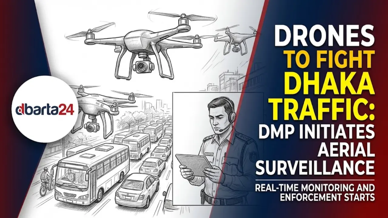 Dhaka Metropolitan Police drone flying over traffic to monitor road congestion and enforce laws