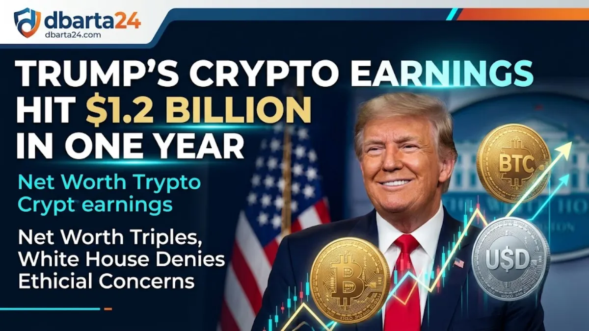 US President Donald Trump during an official address, highlighting updates on his financial disclosures and cryptocurrency earnings.